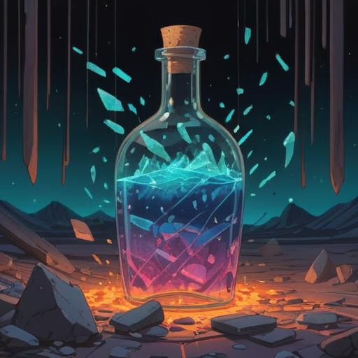 A spiritual scene depicting a shattered bottle, symbolic meaning of caution, vivid colors, ethereal light glowing around the shards, fragments representing hidden messages, serene atmosphere, mystical energy, nature elements surrounding the scene, intricate details of shattered glass reflecting light, 4k