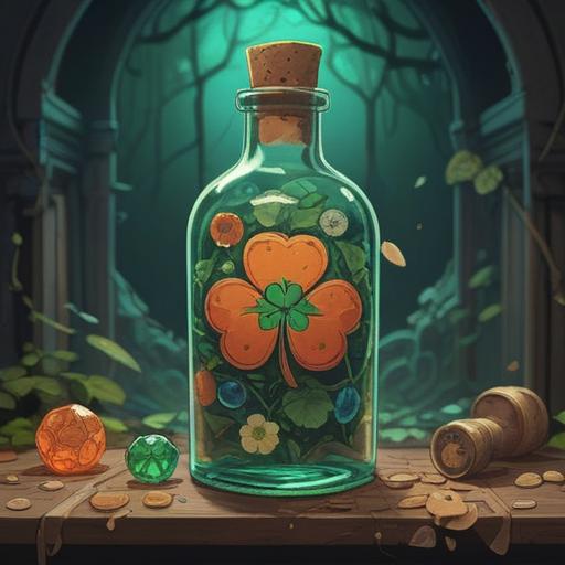 A broken bottle surrounded by lucky items to use afterwards, featuring a four-leaf clover, a horseshoe, a lucky penny, and a rabbit's foot, all positioned creatively, an enchanting garden background, soft sunlight filtering through leaves, vibrant colors, whimsical atmosphere, 4k