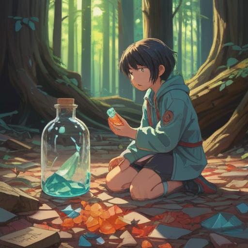 A cracked bottle lying on the ground, surrounded by scattered glass shards, gentle sunlight filtering through trees, a figure kneeling beside it, contemplative expression, holding a journal, nature in the background, tranquil atmosphere, emotional healing, reflection on self-care techniques, 4k