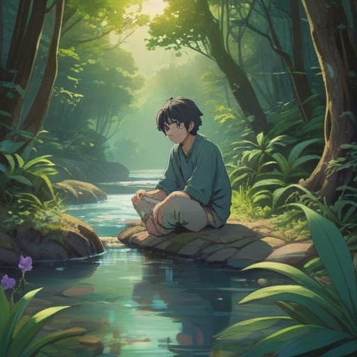 A serene and contemplative scene, a person sitting cross-legged in a peaceful nature setting, surrounded by gentle flowing streams and lush greenery, soft light filtering through the trees, symbols of healing and renewal in the air, a sense of inner calm and spiritual awakening, reflections of personal growth and resilience, intricate details in the surroundings, harmonious atmosphere, 4k