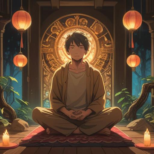A serene and contemplative scene, a person meditating in a tranquil environment, surrounded by golden light, symbols of healing energy, gentle nature elements, intertwined with ethereal whispers, reflecting deep introspection, emphasizing heightened awareness, encouraging self-care and mindfulness, peaceful atmosphere, soft focus, 4k