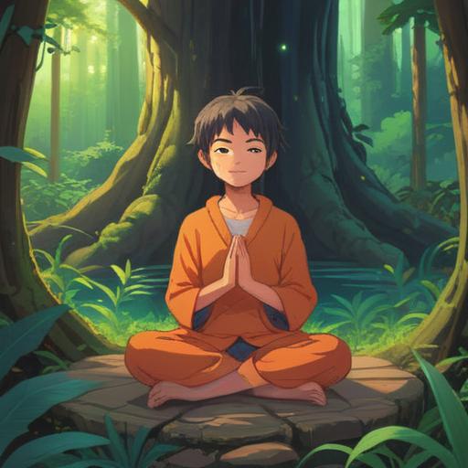 A serene and thoughtful illustration, depicting a person meditating in a peaceful natural setting, soft light filtering through trees, symbols of healing and transformation surrounding them, vibrant flowers blooming as a sign of renewal, a gentle spirit guiding their journey, harmonious color palette, 4k
