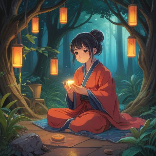 A serene scene depicting a person practicing a spiritual ritual to alleviate the reasons for illness, surrounded by calming nature, soft light filtering through trees, gentle flowing water nearby, colorful crystals and herbs laid out on a cloth, a sense of peace and tranquility, a warm breeze, harmonious atmosphere, 4k