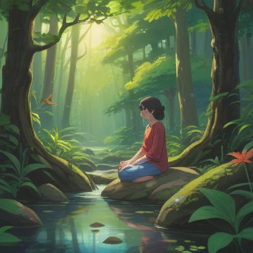 A serene and tranquil scene, depicting a peaceful individual meditating in a lush forest, soft sunlight filtering through the leaves, gentle stream flowing nearby, vibrant flowers surrounding, harmonious energy radiating, soulful connection to nature, inner peace and healing, ethereal atmosphere, 4k