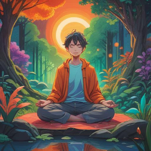 A serene and uplifting illustration, a glowing aura surrounding a person meditating, vibrant nature background, symbols of health and well-being, harmonious energy flow, connection to the universe, spiritual awakening, peaceful expression, golden light illuminating the scene, 4k