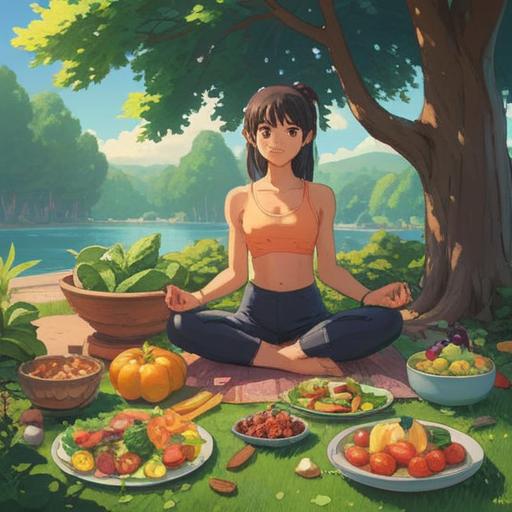A serene and vibrant scene depicting various daily healthy habits, individuals practicing yoga in a sunlit park, a person preparing a colorful salad in a cozy kitchen, another jogging along a scenic trail, fresh fruits and vegetables on a table, a bottle of water nearby, cheerful expressions, harmonious lifestyle, 4k