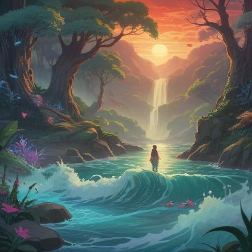 A spiritual illustration representing the concept of illness and purification, ethereal figures amidst a flowing river of light, surrounded by healing nature, symbols of rebirth and renewal, glowing orbs of energy, serene atmosphere, deep connection to the universe, illustrating the journey from sickness to spiritual healing, 4k