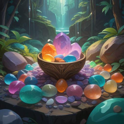A calming scene featuring a collection of spiritual lucky stones, healing crystals arranged harmoniously, glowing softly in natural light, surrounded by lush green plants, a tranquil atmosphere, symbols of peace and recovery, intricate details on the stones, 4k