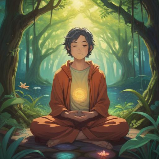 A serene and uplifting illustration depicting a person meditating in a tranquil natural setting, soft light filtering through trees, ethereal glow surrounding the individual, blossoming flowers symbolizing healing and growth, a gentle breeze, warm colors reflecting hope and renewal, spiritual symbols subtly integrated in the scenery, 4k