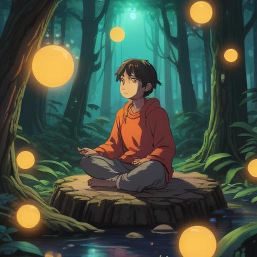 A serene illustration of a person meditating in a tranquil forest, surrounded by glowing orbs symbolizing spiritual energy, a stack of colorful books titled