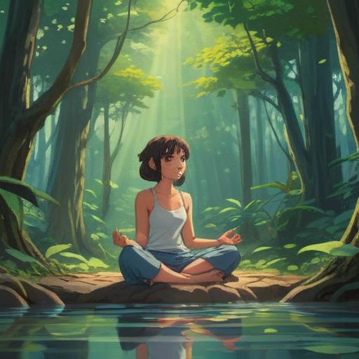 A serene scene depicting a person meditating in a tranquil forest, dappled sunlight filtering through the leaves, gentle breeze causing ripples in a nearby stream, surrounded by blooming flowers and chirping birds, representing inner peace and self-discovery, vivid colors, harmonious composition, 4k