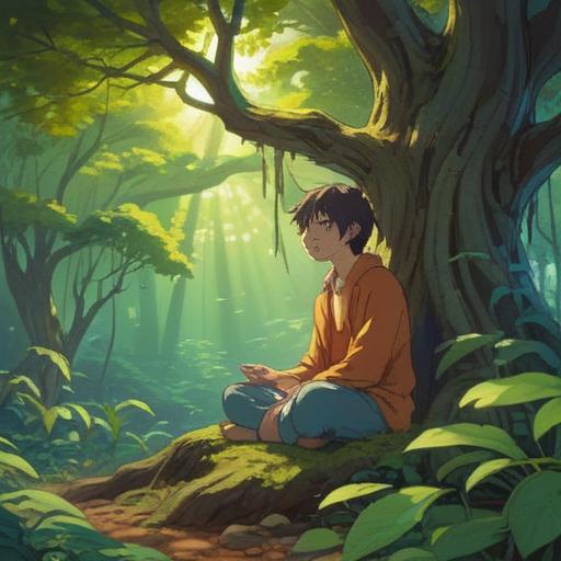 A serene and introspective scene, a person meditating under a large tree, soft sunlight filtering through the leaves, a sense of stillness and peace, ethereal light surrounding the figure, symbols of self-reflection and inner growth, a gentle aura of acceptance, vibrant nature all around, spiritual essence, 4k