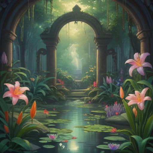 A serene garden filled with blooming lilies, ethereal light shining through, gentle breeze carrying the floral scent, spiritual symbols subtly integrated, tranquil atmosphere, soft focus on the flowers, vibrant colors reflecting nature's beauty, 4k