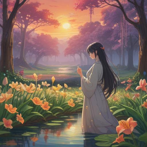 A serene landscape filled with blooming lilies, ethereal light shining through, a gentle breeze carrying the sweet scent, mystical aura enveloping the scene, vibrant colors emphasizing tranquility, soft focus on floating petals, meditative figure in the background, spiritual symbols subtly integrated, peaceful atmosphere, 4k