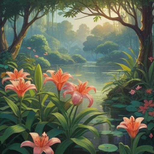 A serene scene depicting the essence of lilies, fragrant flowers in full bloom, soft morning light filtering through leaves, gentle breeze rustling petals, a feeling of tranquility and connection to nature, spiritual signs represented by glowing orbs, peaceful garden setting, harmonious colors, soothing atmosphere, 4k