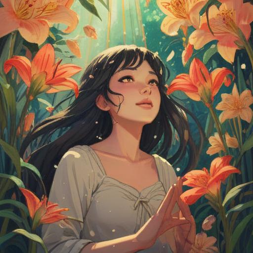 A serene illustration of a woman surrounded by blooming lilies, fragrant petals gently falling around her, the sunlight filtering through the leaves, a sense of tranquility and positivity in the air, symbolizing good luck and attraction, vibrant colors, dreamy atmosphere, captivating details, harmonious connection with nature, 4k