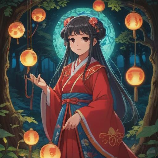 A serene scene depicting a princess shrine maiden, intricate traditional garments, surrounded by sacred trees and ethereal spirits, glowing orbs of light, tranquil and mystical atmosphere, soft rays of sunlight filtering through the leaves, symbolic elements representing spirituality, 4k