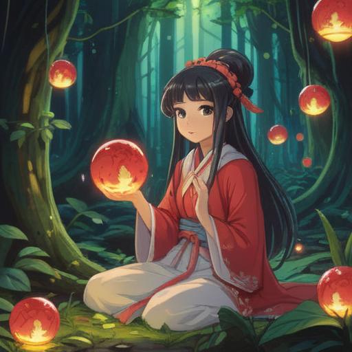 A serene scene of a princess shrine maiden in a lush forest, surrounded by glowing orbs of light, performing a sacred ritual, gentle breeze rustling through cherry blossom trees, an ethereal aura enveloping her, soft light illuminating her traditional kimono, mystical symbols floating in the air, a tranquil expression on her face, harmony between nature and spirit, vivid colors, fantasy elements, 4k