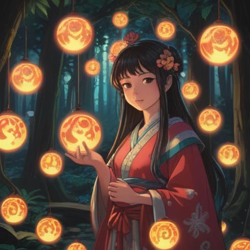 A serene illustration of a princess shrine maiden, surrounded by glowing orbs of light, mystical patterns in the air, a tranquil forest setting, soft rays of sunlight filtering through the trees, a sense of peace and spirituality, vibrant colors, ethereal atmosphere, symbolic elements representing spiritual signs, intricate details, 4k