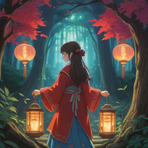 A mystical scene featuring a princess shrine maiden, guiding a lucky item through an enchanted forest, ethereal light filtering through the trees, vibrant colors, intricate details on the shrine maiden's attire, surrounded by magical creatures, serene atmosphere, 4k