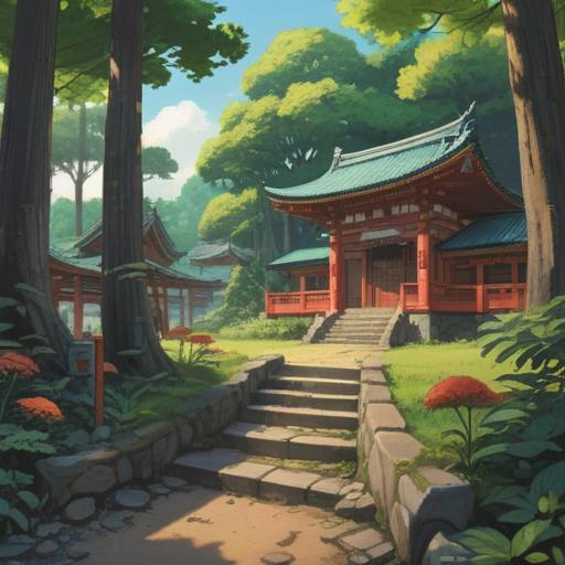 A serene and mystical illustration of Himejima Shrine, surrounded by lush greenery and ancient trees, gentle sunlight filtering through the leaves, a tranquil pond reflecting the shrine, symbols of spirituality and harmony, traditional architecture and torii gate, an atmosphere of peace and reverence, vibrant yet calming colors, 4k