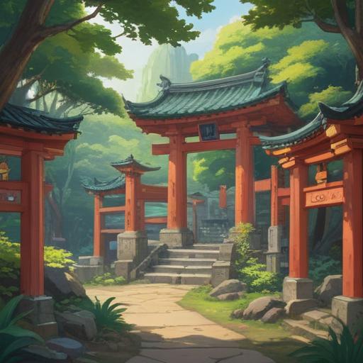 A serene illustration of Himejima Shrine, surrounded by lush greenery, tranquil atmosphere, vibrant torii gate, mystical light filtering through the trees, sacred spirit presence, peaceful landscape, traditional Japanese architecture, harmonious connection with nature, 4k