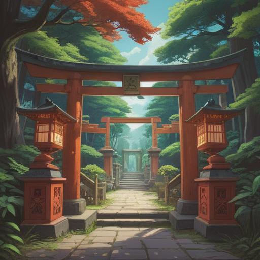 A serene illustration of Himejima Shrine, mystical atmosphere, spiritual symbols subtly integrated, a tranquil torii gate surrounded by lush greenery, gentle sunlight filtering through the trees, visitors observing spiritual signs, soft reflections on the water, detailed stone pathways, harmonious blend of nature and spirituality, 4k