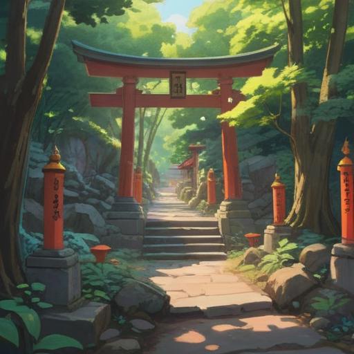 A serene landscape of Himejima Shrine, vibrant lucky charms hanging from the torii gate, bright sunlight filtering through lush trees, visitors gathering in gratitude, traditional Japanese architecture, elegant stone pathways, a sense of tranquility and fortune, detailed textures, 4k