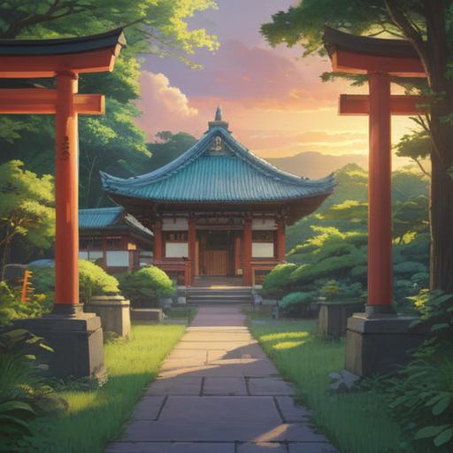 A serene scene illustrating the daily incorporation of energy from Himejima Shrine, lush greenery surrounding the shrine, gentle sunlight filtering through the trees, people practicing meditation and yoga, traditional Japanese architecture of the shrine, tranquil atmosphere, connection with nature, harmonious lifestyle, peaceful expressions, inviting energy, 4k