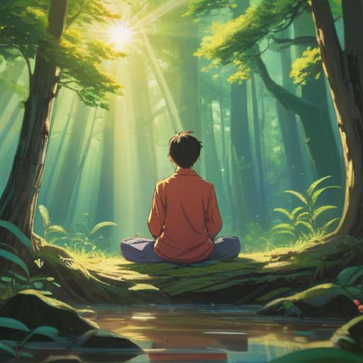A serene and uplifting illustration, depicting a tranquil landscape with gentle rays of sunlight filtering through trees, a person meditating in a peaceful setting, surrounded by nature's beauty, symbols of abundance like fruits and flowers, conveying a sense of harmony and spiritual fulfillment, soft and calming colors, emphasizing interconnectedness and gratitude, 4k