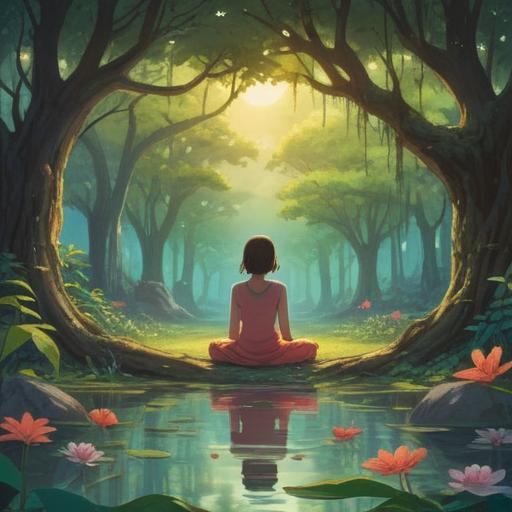 A serene and mystical landscape, gentle light filtering through lush trees, symbolic elements representing abundance and fulfillment, a peaceful figure meditating in harmony with nature, ethereal glow surrounding the scene, signs of spiritual awakening, tranquil atmosphere, vibrant colors, 4k
