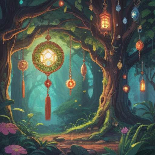 A vibrant illustration of a lucky charm collection, various colorful talismans hanging from a tree, enchanting light filtering through leaves, each charm symbolizing different good fortunes, detailed close-up of charms, magical atmosphere, serene background, 4k