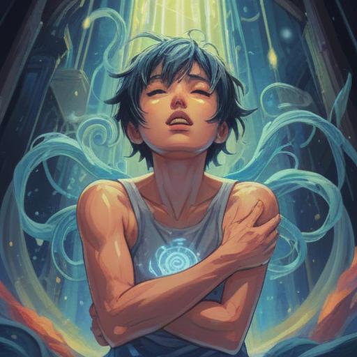 A serene illustration depicting a person experiencing elbow pain, surrounded by soft ethereal light, symbolic representation of spiritual awakening, subtle hues of blue and green, visual metaphors of healing and transformation, flowing energy around the elbow, tranquil expression on the person's face, 4k