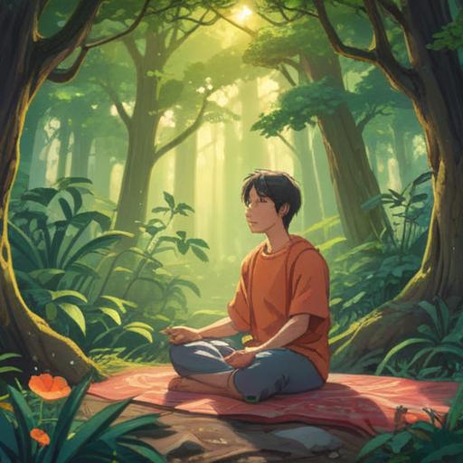 A serene and uplifting illustration depicting a person meditating in nature, gentle light shining through the trees, a peaceful expression on their face, symbolic representations of healing energy surrounding their elbow, vibrant colors, harmonious atmosphere, the integration of spirituality with physical well-being, a sense of tranquility and awareness, 4k
