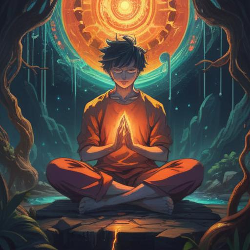 A conceptual illustration of elbow pain symbolizing spiritual meaning, a figure in meditation with a glowing elbow, energy flow represented through vibrant colors, surrounding aura depicting emotional release, symbolic elements of healing and transformation, serene background landscape, mystical atmosphere, 4k