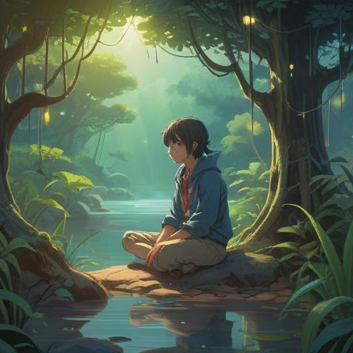 A serene illustration depicting a person sitting cross-legged in a tranquil nature setting, surrounded by ethereal light, gentle energy flow around the elbows, abstract symbols representing pain and healing, a sense of peaceful reflection, vibrant colors, calming environment, spiritual connection, inner peace, 4k