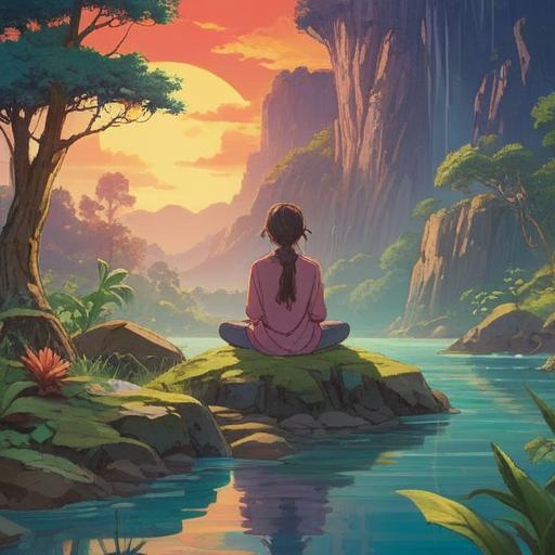 A serene landscape with a person meditating in a tranquil setting, symbolizing healing and balance, gentle light illuminating the surroundings, a connection with nature, knees gently crossed, representing the spiritual significance of knee pain, soft flowing water nearby, harmonious colors, calming atmosphere, 4k