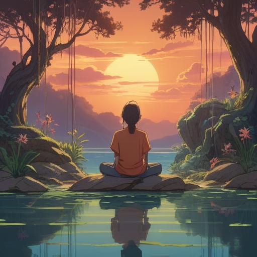 A serene and reflective scene depicting a person meditating in a peaceful natural setting, surrounded by gentle light, a sense of tranquility, symbolic elements representing healing and spiritual growth, lush greenery, soft flowing water in the background, vibrant colors, harmonious atmosphere, 4k