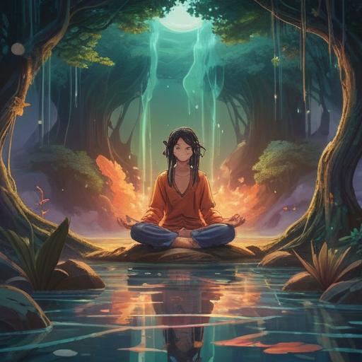 A serene and tranquil scene depicting a person meditating with a gentle aura around them, calming energy waves emanating from their knees, nature surrounding them with lush greenery and soft sunlight filtering through the trees, symbols of luck such as four-leaf clovers and gentle breezes, harmonious and peaceful atmosphere, 4k