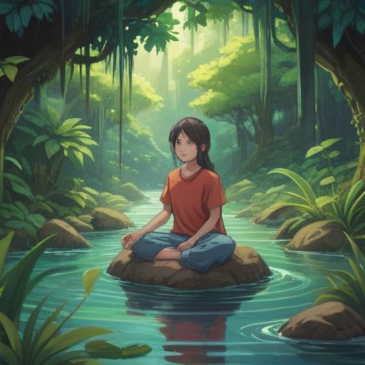 A serene illustration depicting a person meditating in a tranquil nature setting, surrounded by calming elements like flowing water and lush greenery, emphasizing healing energy, glowing aura around the knees, spiritual symbols in the air, an atmosphere of peace and mindfulness, soft light filtering through trees, vibrant colors, 4k