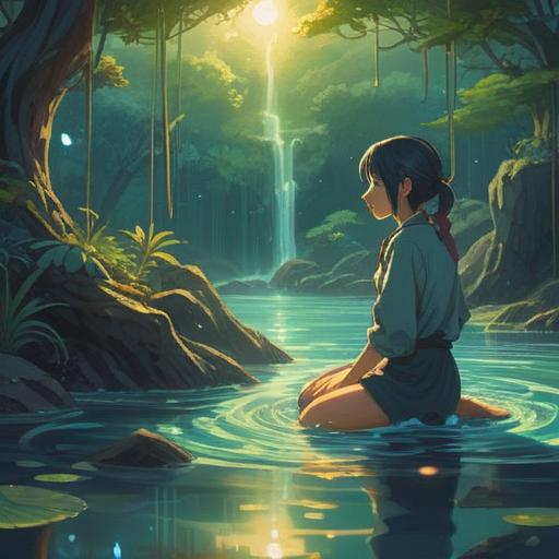A serene and mystical scene, swirling water gathering around a person's knees, ethereal light reflecting off the surface, symbolic representation of emotions and spiritual healing, tranquil environment, gentle waves of energy, nature in harmony, soothing colors, 4k
