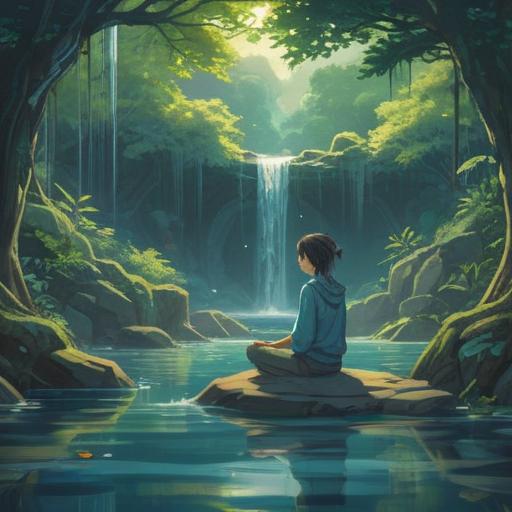 A serene and mystical landscape, a person sitting in meditation with water pooling around their knees, gentle ripples reflecting light, ethereal glow illuminating the scene, soft mist surrounding them, symbolizing peace and spiritual awakening, calming colors, harmonious nature, a sense of connection with the universe, 4k