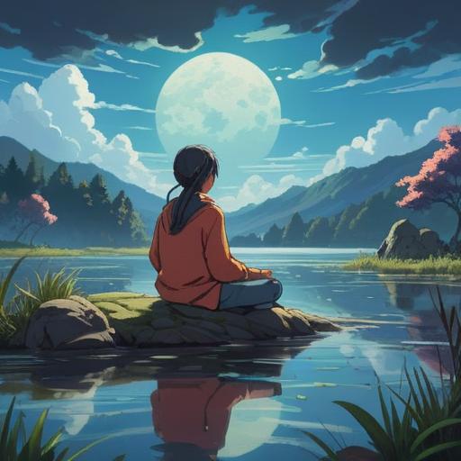 A serene and introspective scene depicting a person meditating by a tranquil lake, water gently reflecting the sky, hints of spiritual energy around them, soft luminescence indicating awareness, nature symbols like leaves and flowers representing growth, a gentle breeze causing ripples in the water, conveying mindfulness and introspection, peaceful atmosphere, 4k