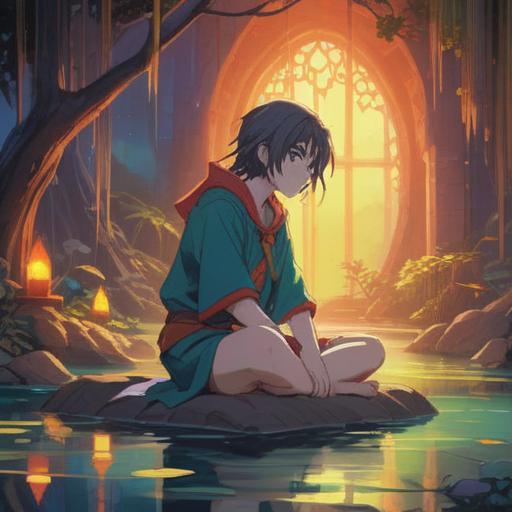 A mystical scene depicting a person sitting cross-legged, water gently pooling around their knees, surrounded by ethereal light, vibrant lucky stones glowing nearby, serene expression, nature backdrop with soft greenery, symbols of spiritual healing, tranquil atmosphere, 4k