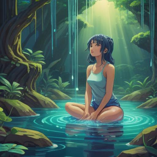 A serene illustration depicting the spiritual significance of water accumulation in the knees, emphasizing healing and balance, a person meditating peacefully in a tranquil setting, gentle light illuminating their figure, surrounded by flowing water and natural elements, symbolic representations of energy flow, harmonious colors, peaceful atmosphere, 4k
