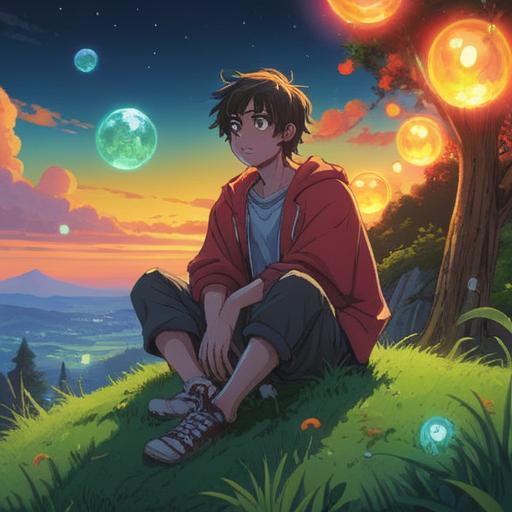 A serene and meditative scene depicting a person sitting cross-legged on a grassy hillside, surrounded by glowing orbs of light representing spiritual energy, lush greenery, gentle breeze, a cascading waterfall in the background symbolizing healing, soft sunlight filtering through trees, emotional expression of contemplation, warm and peaceful atmosphere, symbolizing inner peace and self-reflection, 4k