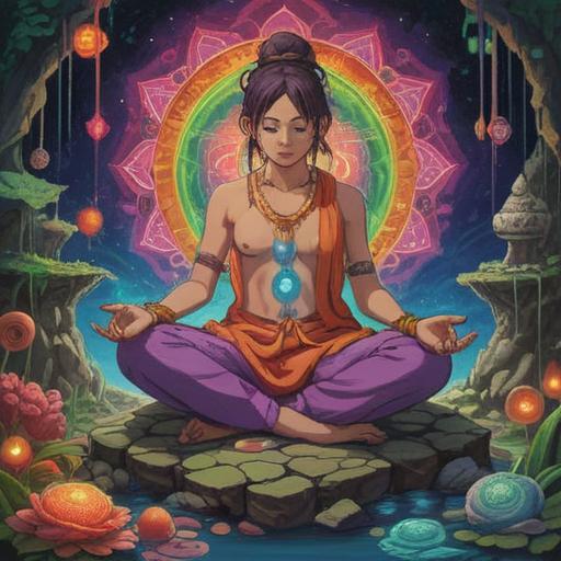 A thoughtful illustration depicting a person sitting in meditation pose, holding their knee gently, surrounded by floating spiritual symbols like chakras and energy waves, serene facial expression, soft light emanating from the knee area, calming nature background, representation of awareness and healing, 4k