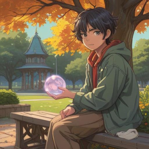 A serene illustration of a person sitting on a park bench, holding a beautiful, sparkling lucky stone in their hand, sunlight filtering through the trees, a thoughtful expression on their face, gentle breeze causing leaves to rustle, vibrant nature surrounding them, symbolizing hope and comfort during knee pain, 4k