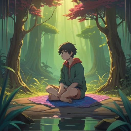 A serene and contemplative scene depicting a person sitting cross-legged in a tranquil environment, surrounded by soft, ethereal light, symbolic representations of healing energies, vivid colors of nature, gentle flow of chakra illustrations, a peaceful expression on the person's face, harmony with the universe, spiritual awakening, 4k