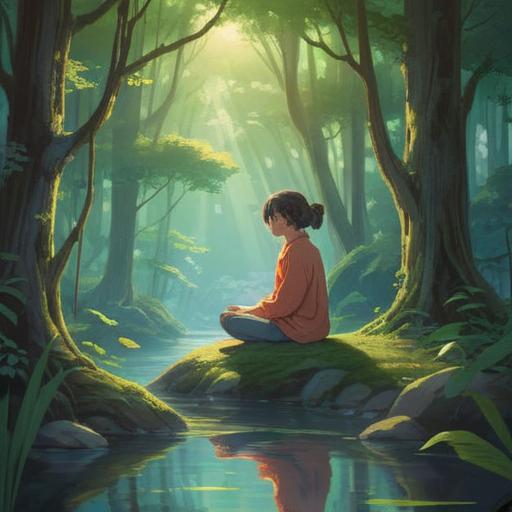 A serene scene depicting a person meditating in a tranquil environment, gentle sunlight filtering through trees, soft ethereal glow surrounding the figure, symbolic representations of healing energy, an aura of peace and understanding, visual metaphors of spiritual awakening, nature's lush greenery, harmonious balance, 4k